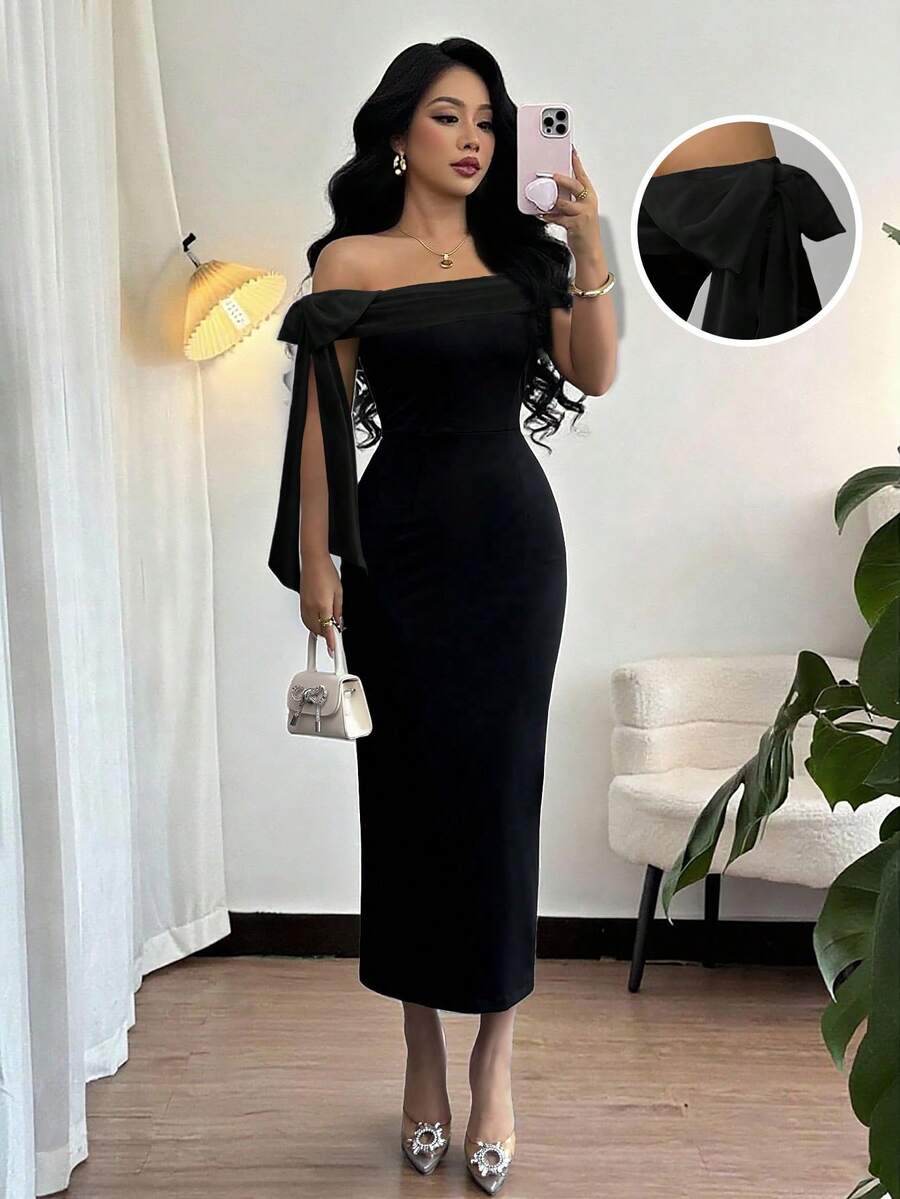 Rafferiza Petite 女款純色露肩蝴蝶結裝飾優雅收腰洋裝，適合度假與派對，適合嬌小女性 - 黑色 - 查看 1
