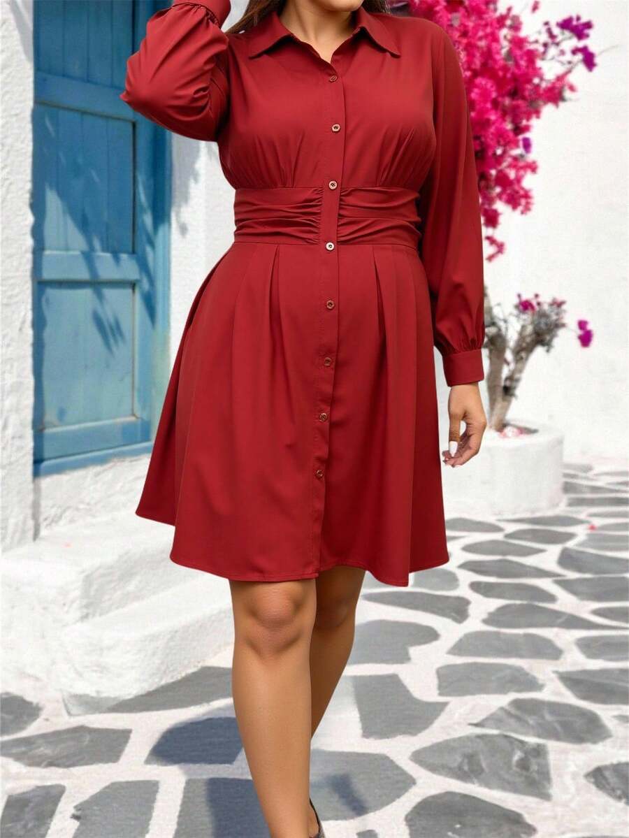 SHEIN LUNE Long Sleeve Dress Plus Size A-Line Midi Dress With Waist Pleating And Ruching, Slimming Effect Plus Size Fall Clothes Dresses For Women - Rust Brown - View 1