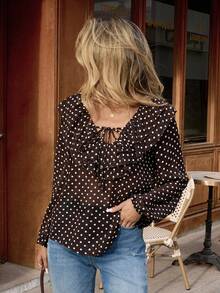 Pariaura Blouse en mousseline de soie à pois vintage pour femmes avec col en V volant, manches lanternes et nœud'] - Tabac - Voir 6
