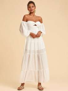 Travachic 女士露肩镂空褶皱休闲度假派对蛋糕长袖连衣裙，适合嘉年华、夏季穿着 - 白色 - 查看 7