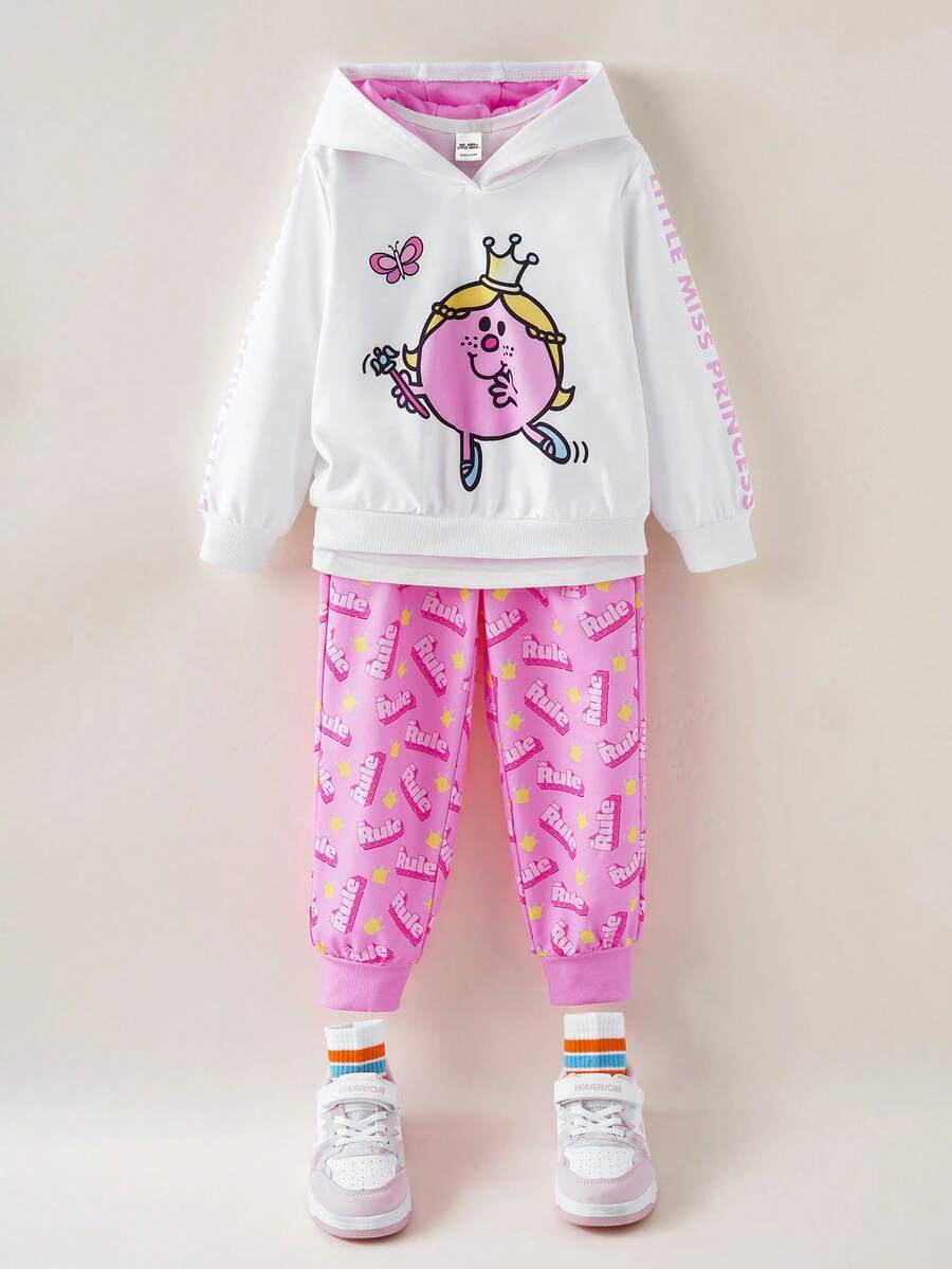 Mr Men Little Miss X SHEIN Young Girl Casual Everyday Commute Funny Cute Cartoon & Letter Graphic Hoodie And Sweatpants Set, Autumn/Spring - Multicolor - View 1