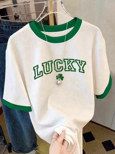 Resyla Camiseta de mujer de cuello redondo con bloqueo de color, brillante trébol de la suerte de St. Patrick, adecuada para uso diario y festivo