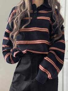 FRIFUL 女士休闲日常办公通勤学院风条纹图案高领宽松针织衫，秋冬款 - 藏蓝色 - 查看 3