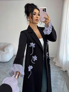 Yasmyna Áo Abaya thanh lịch dành cho nữ, cổ ve áo, tay loe, họa tiết hoa. - màu đen - Xem 1