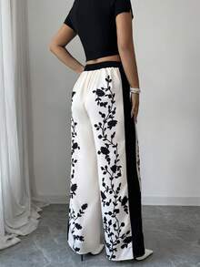 Pariaura Quần ống rộng in họa tiết hoa phối màu tương phản thanh lịch dành cho người đi làm. - Màu be - Xem 3