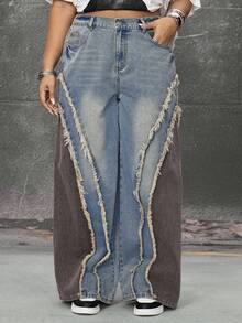 ROMWE Grunge Punk Jeans anchos de pierna ancha con diseño de split retro lavado para mujer de talla grande - Azul - Ver 3