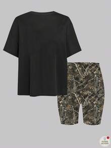 少女休闲简约个性化指纹纹身戒指，人像印花，朋克风格，短袖宽松T恤和打底裤两件套，适合夏季、户外活动和返校季 - 彩色 - 查看 3