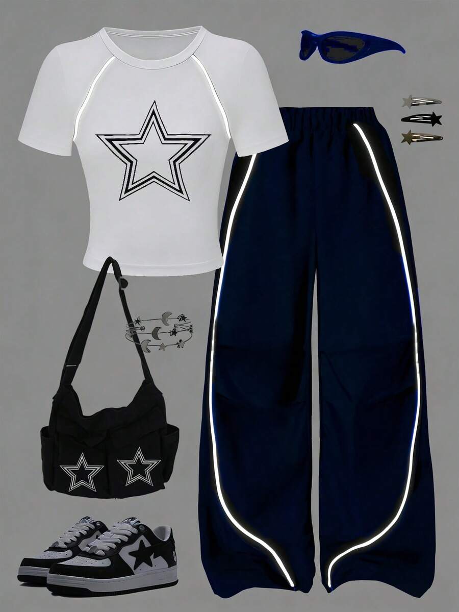 Sparklyn 两件套休闲T恤裤套装，适合青少年女孩，胸前白色星星印花，白色装饰抽绳，适合散步、购物、上学等场合，可搭配外套或背心。 - 藏蓝色 - 查看 1