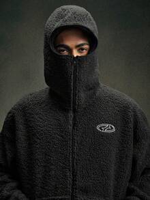 AXEPEAK 男士几何刺绣拉链连帽羊羔绒衫 - 黑色 - 查看 4