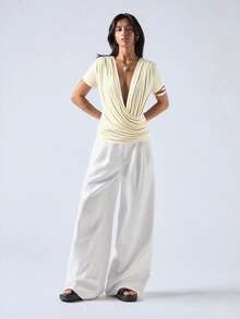 LYSMO قميص نسائي بياقة عميقة على شكل حرف V لون المشمش - لون مشمشي - مشاهدة 5