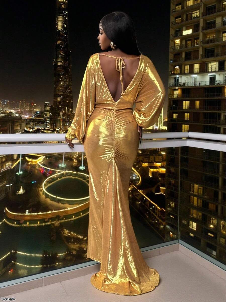 BamGleam 女士秋冬性感露背金属色美人鱼长款派对连衣裙 - 金色 - 查看 1