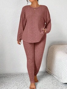 SHEIN Frenchy Bộ 2 món áo dài tay kẻ sọc và quần dài cỡ lớn, mùa thu - Gỗ đỏ - Xem 6