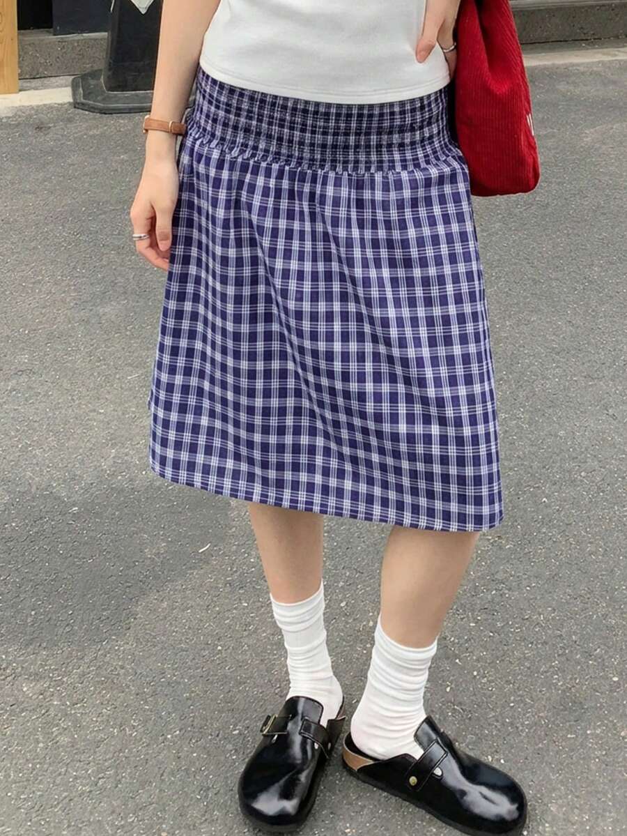 K-Vae Blue Plaid Drawstring Waist Casual Skirt, Summer - Blue - View 1