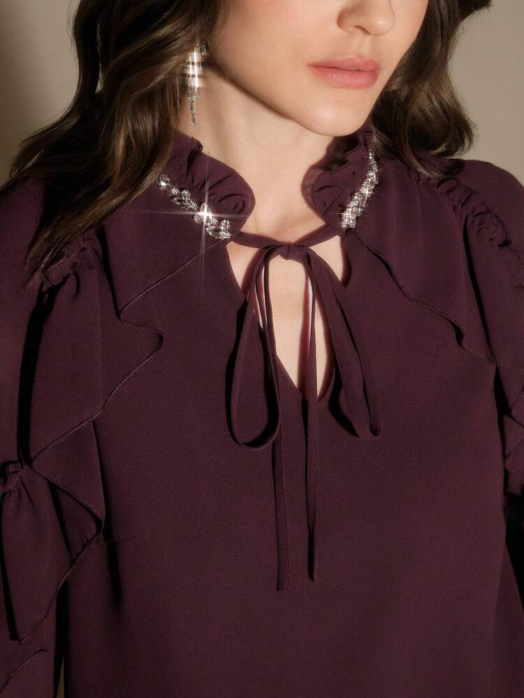 Women's Elegant Ruffled Collar Rhinestone Chain Chiffon Blouse With Flare Sleeves, Spring