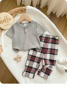 男婴休闲可爱针织灰色上衣和格子松紧腰裤家居服套装 - 灰色 - 查看 9