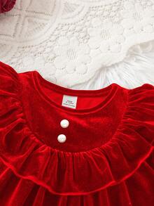 SHEIN Elegant Velvet Green Ruffle Trim Long Sleeve Dress Valentine's Day - Red - View 5