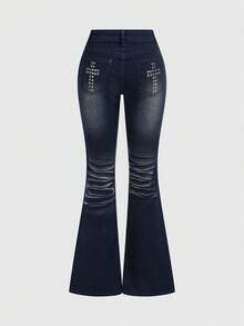 ROMWE Grunge Punk Quần jean ống loe cạp thấp Y2K Vintage Millennium gợi cảm rách chéo trang trí cho nữ - màu đen - Xem 2