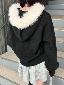 FRIFUL Cardigan casual ampio e versatile da donna, colore unito, con cappuccio, spalle scese, maniche lunghe, colletto in pelliccia e decorazione con cerniera, autunno/inverno, per la scuola - nero - Visualizzare 5