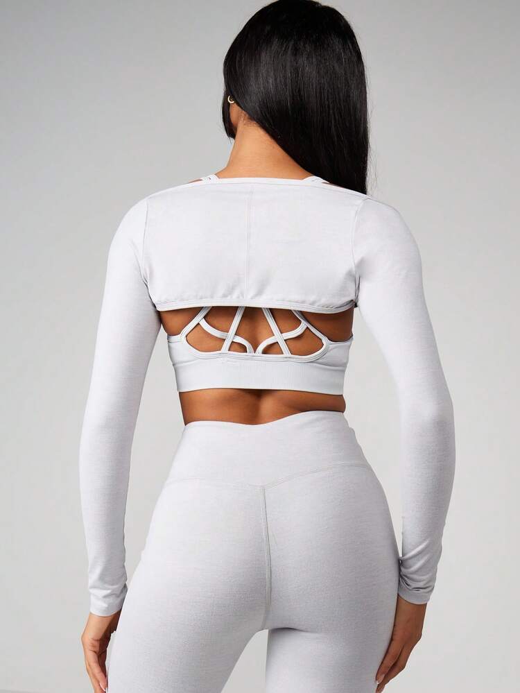 MISSGUIDED Long Sleeve Scoop Neck Crop Top With Strappy Back Detail Cut Out Design Cold Shoulder Fitted Athletic Style Women Activewear