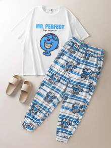 Mr Men Little Miss X SHEIN Conjunto de ropa de estar en casa de camiseta de manga corta y pantalones con estampado de letras y dibujos animados cómodos y lindos para hombres, para el verano - Multicolor - Ver 4