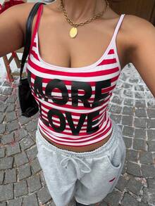 Muchica 女士针织红白条纹字母印花修身吊带背心，适合外出、街头风、Y2K风格、情人节、夏季穿着。 - 紅白色 - 查看 5