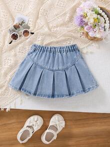 SHEIN Young Girl' Pink Bow & Blue Denim Pleated Skirt - Light Wash - View 2