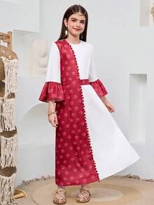 SHEIN Tween Girl's White And Red Vintage Rose Ditsy Floral Mixed Print Dress,Autumn Modest Party A-Line Dress With Golden Woven,Matching Family Vacation - Multicolor - View 3