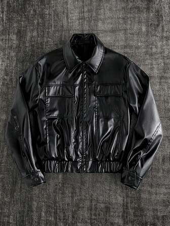 GENTILAND Herren Einfarbige Langarm Zip-Up Kragen Utility Tasche PU Lederjacke