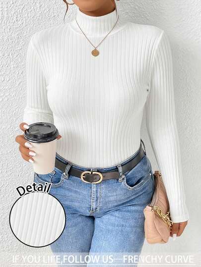 SHEIN Frenchy 大码女式纯色长袖休闲罗纹高领T恤