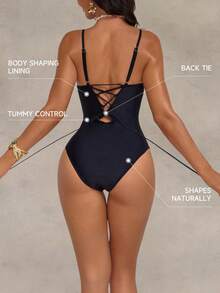 Shapewave Women's Black Elegant Lace V-Neck One-Piece Swimsuit,Tummy Control Bathing Suits For Summer Holiday Beach Party,Boho Vacation Shape Wear Cruise - Black - View 2