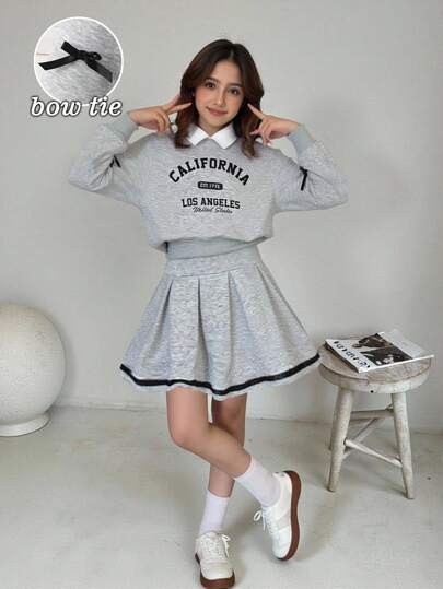 Tween Girls' Autumn/Winter Back To School Casual Fashion Sweatshirt Set, Gray Solid Color With Retro American English Graphic Print, Black Ribbon Bow Sleeve, White Collar Long Sleeve, Ribbed Cuffs, Paired With Gray Solid Color Black Ribbed Hem Skirt, Suitable For Autumn/Winter Back To School, Minimalist Korean Style, High-End, Collegiate Look, Suitable For Daily School, Outings, Parties, Holidays