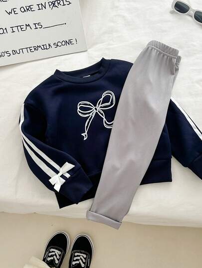 Genkimix Kids Young Girls Korean Style Bow Patchwork Fleece Sweatshirt Top Paired With Leggings