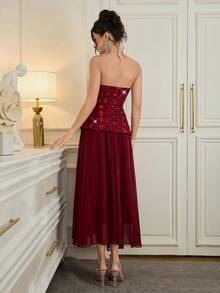 Poshira 优雅酒红色亮片装饰修身长裙 - 酒紅色 - 查看 3