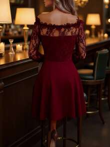 Balvessa Women's Off-Shoulder Long Sleeve Lace Mini Dress With Ruffle Trim - Burgundy - View 2