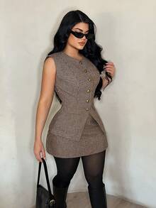 SHEIN SXY Bộ vest nữ cổ tròn cài một hàng khuy họa tiết răng cưa và chân váy ngắn, thời trang cho công sở và đi làm. - Nhiều màu - Xem 4