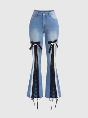 Grunge Punk Y2K Retro Millennium Sexy Lace-Up Design Fitted Flare Leg Jeans For Women