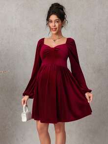 SHEIN Elegant Maternity V-Neck Midi Velvet Dress - Burgundy - View 4