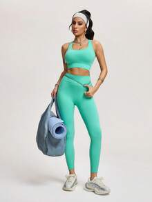 Innovista 无缝健身套装运动高支撑速干日常运动休闲瑜伽 HIIT 训练办公室健身紧身衣运动服胸罩防紫外线打底裤秋季舒适运动功能网眼透气收腹压缩，女士运动套装 - 薄荷綠 - 查看 4