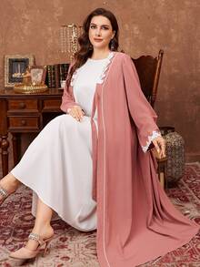 Al Najma 大码女士休闲优雅刺绣饰边撞色长袍，长袖 - 珊瑚粉 - 查看 6