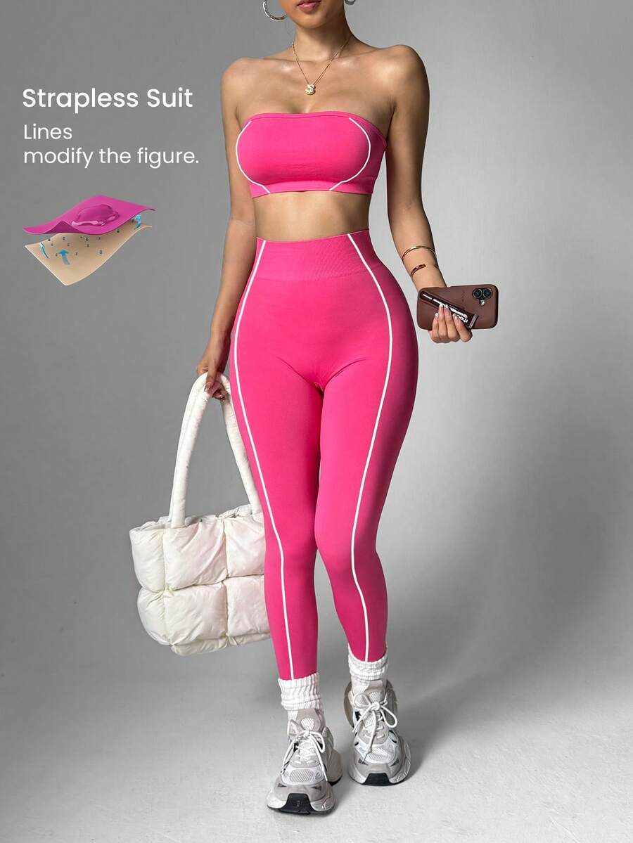 Easithlete 女士无缝粉色条纹运动胸罩和紧身裤套装 - 粉色 - 查看 1