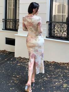 DAZY Floral Print Mesh Slit Midi Dress For Women, Suitable For Valentine's Day, Banquet, Back To School - Apricot - View 3