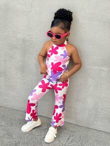 2pcs/Set Young Girl Casual Floral Print Halter Crop Top And Flare Pants Outfit