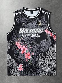 ROMWE MEN Prep 男士休闲花卉字母印花圆领背心 - 黑色 - 查看 7