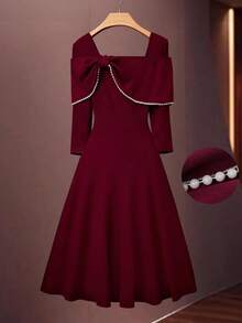 GlowEve CURVE 大码女式方领蝴蝶结撞色荷叶边腰部A字七分袖优雅女士中长连衣裙，适合日常、派对、假日、情人节、婚礼等场合。 - 紫紅色 - 查看 7