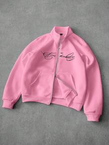 PAVTROS Men's Street-Style Popular INS Matching FREEDOM Print Zip-Up Pullover Sweatshirt, Suitable For Outdoor Music Festivals, Nightclubs, Bars, Boyfriend/Husband Gift, Anniversary Gift, White Raglan Sleeve Pullover Sweatshirt Pink Streetwear Cute Jacket Pink Zip Up Pink Jacket Graphic Zip Up Jacket - Pink - View 1