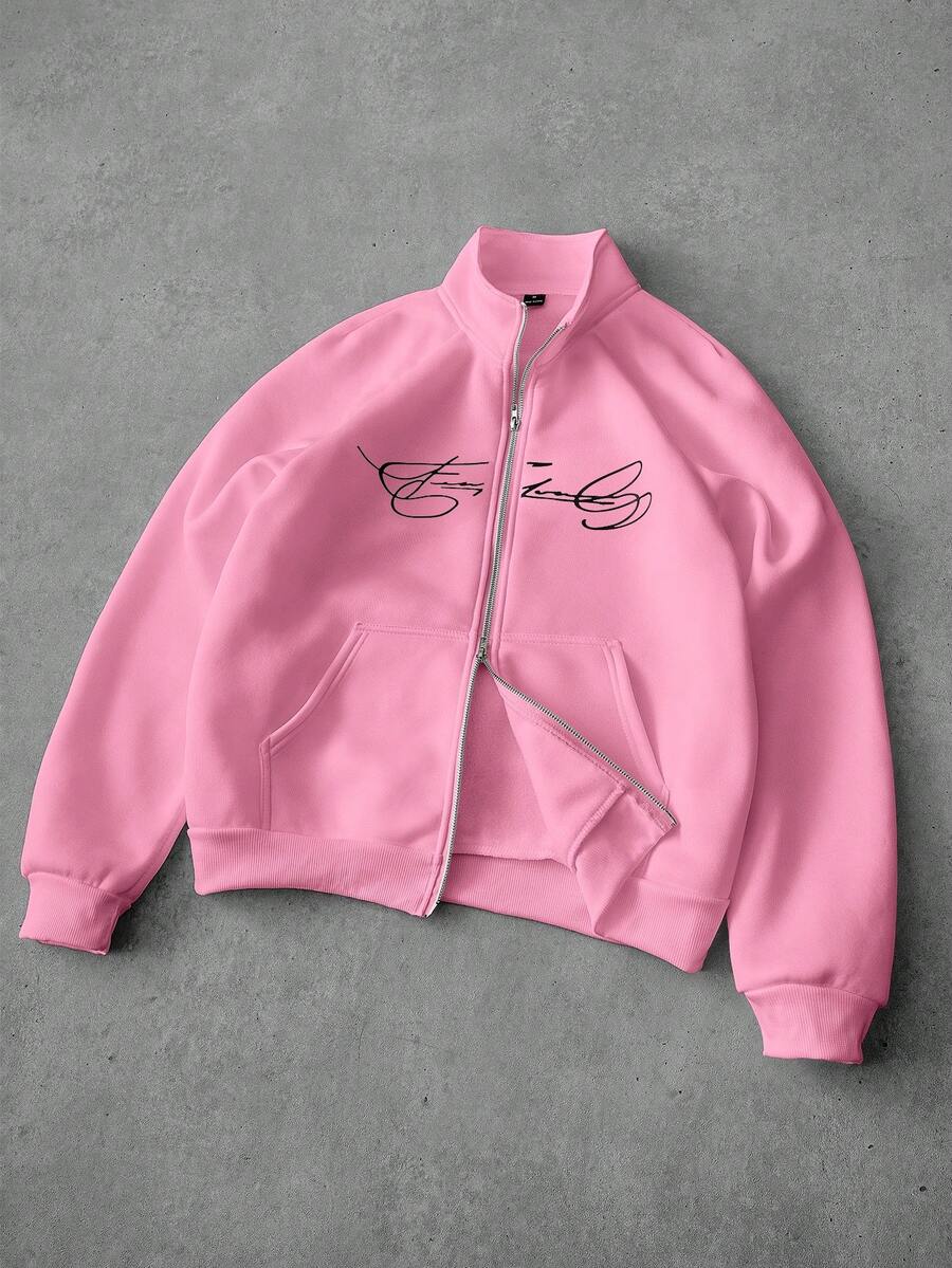 PAVTROS Men's Street-Style Popular INS Matching FREEDOM Print Zip-Up Pullover Sweatshirt, Suitable For Outdoor Music Festivals, Nightclubs, Bars, Boyfriend/Husband Gift, Anniversary Gift, White Raglan Sleeve Pullover Sweatshirt Pink Streetwear Cute Jacket Pink Zip Up Pink Jacket Graphic Zip Up Jacket - Pink - View 1