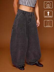 COUREZ 黑色水洗低腰宽松灯笼裤，方形口袋设计 / Y2K 秋冬街头风可爱宽松超大牛仔裤，秋冬假日新年低腰牛仔裤，女士冬季服装，桶形牛仔裤，黑色女士牛仔裤 - 灰色 - 查看 4