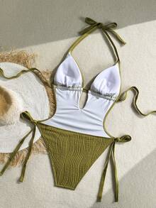 Soleia Áo tắm liền thân cỡ lớn dành cho nữ, màu xanh ô liu, chất liệu dệt jacquard, cổ chữ V, hở lưng, buộc dây phía trước. - màu xanh lá - Xem 2