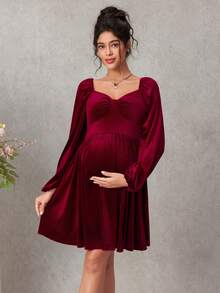 SHEIN Elegant Maternity V-Neck Midi Velvet Dress - Burgundy - View 3
