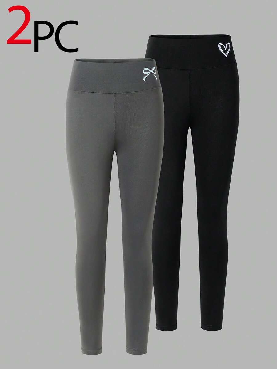 2pcs/Set Girls' Leggings, Minimalist Black & Dark Grey Combo With Bow & Heart Print, Comfortable Long Pants, Suitable For Tween Girls - Black - View 1